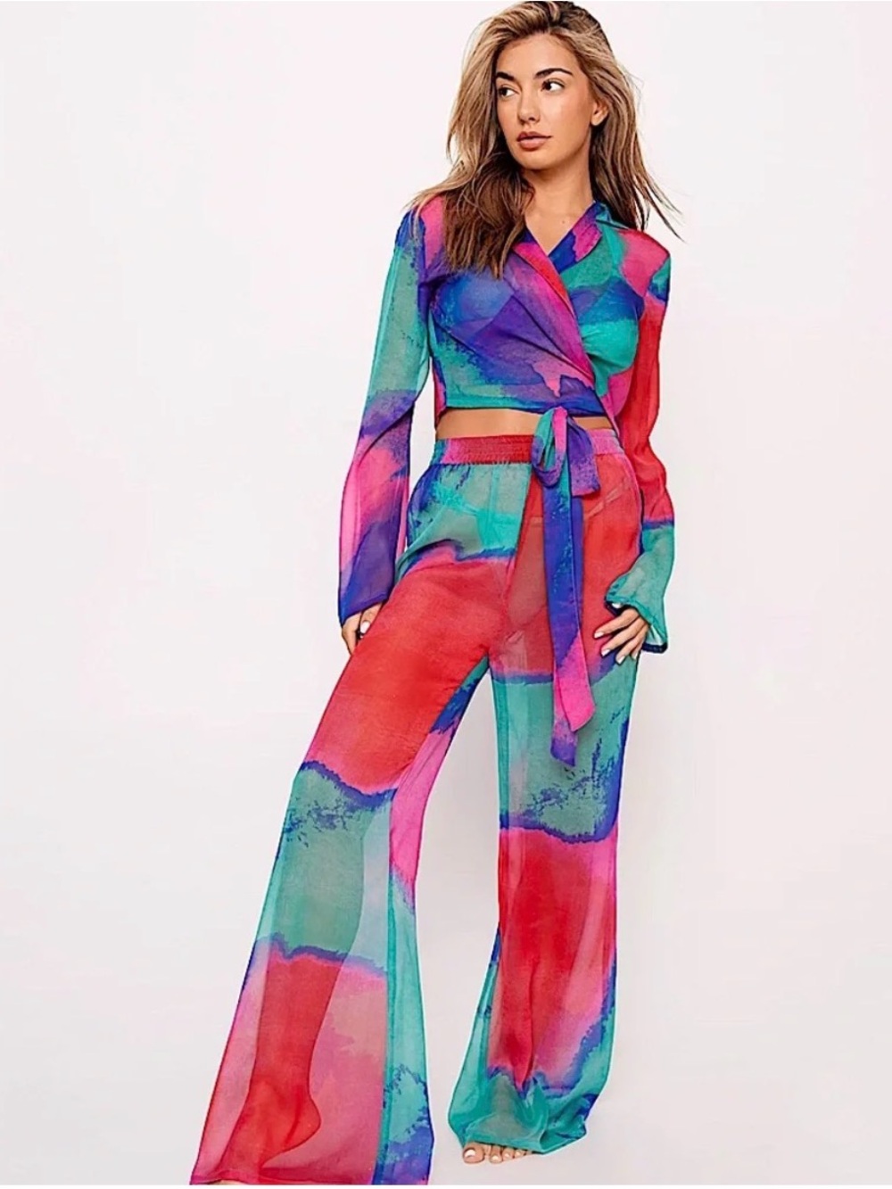 Nasty Gal blurred tie-dye chiffon floss waste cover-up, top- Red, Teal & Purple